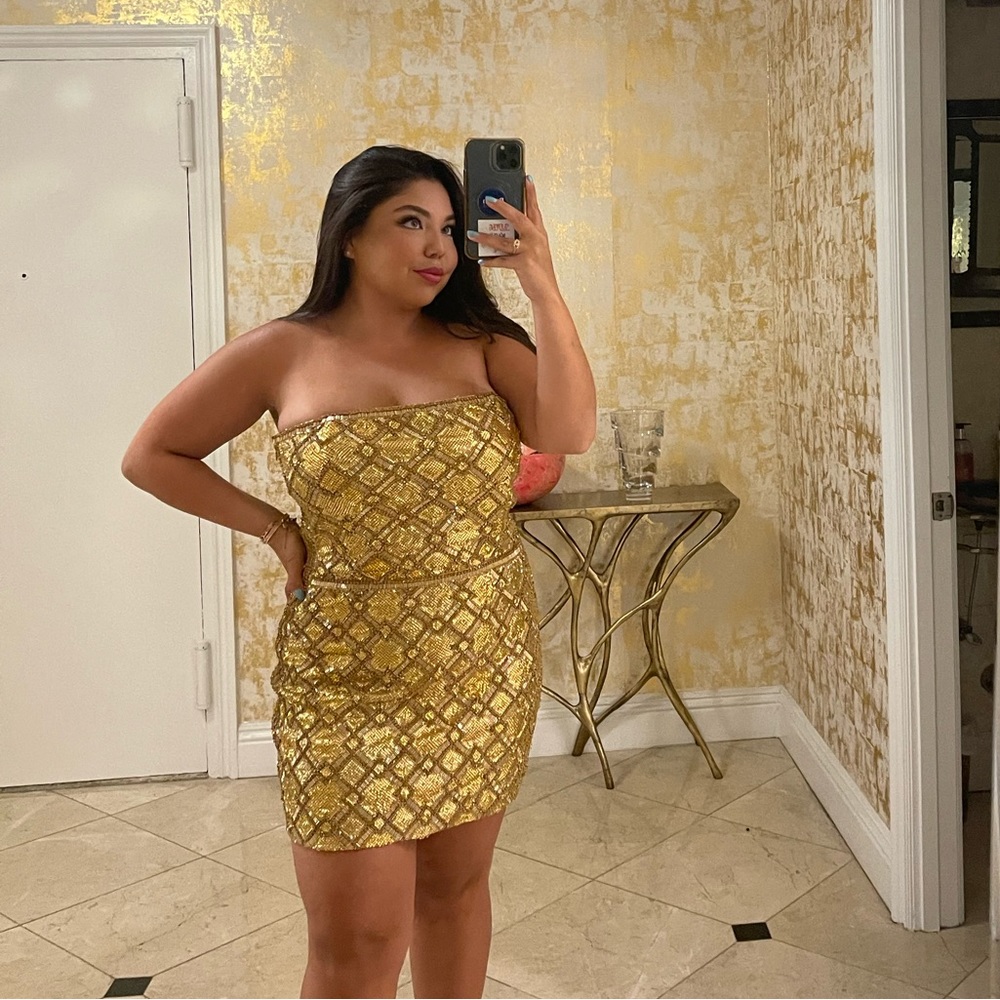 Strapless gold beaded dress - worn once- in new condition!